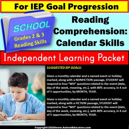 Independent Learning Packet for Special Education CALENDAR SKILLS for Reading
